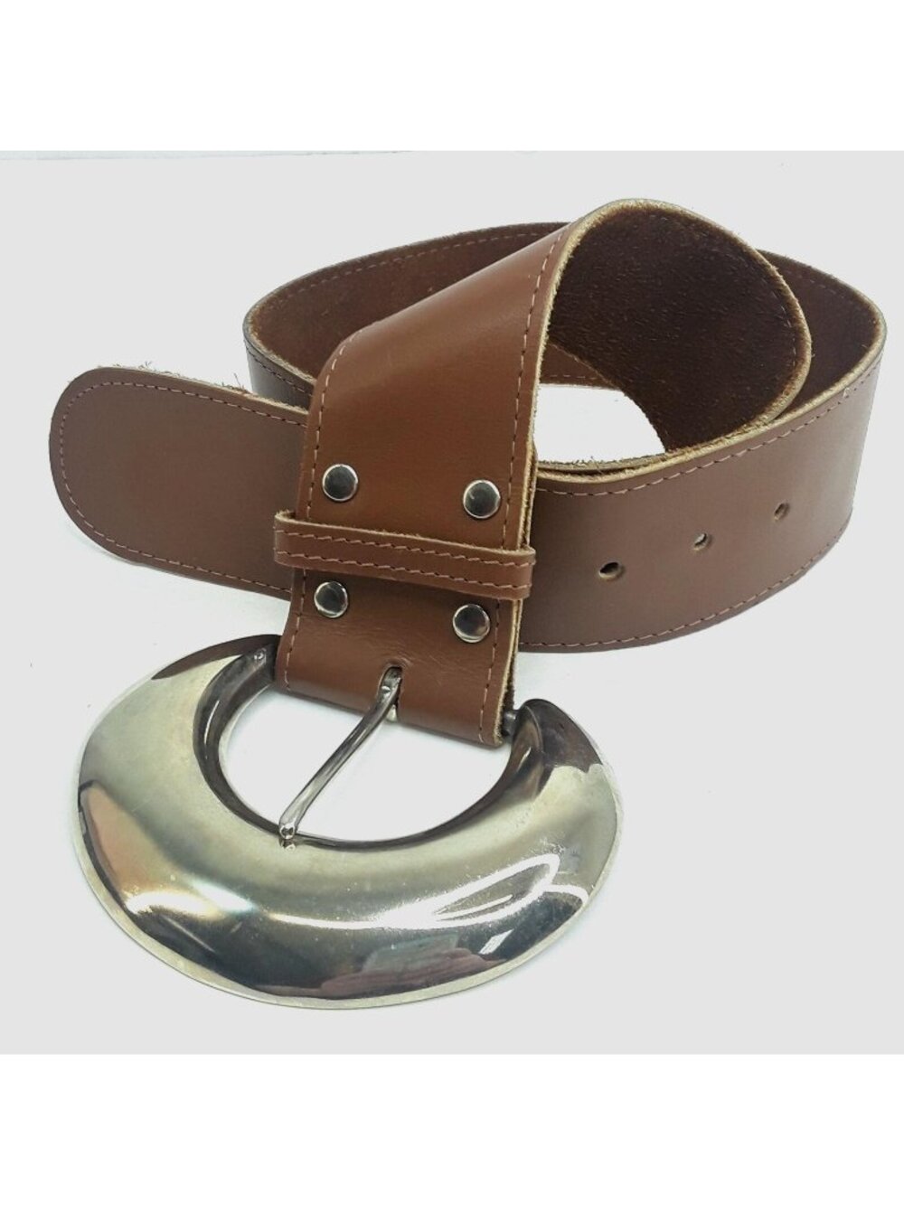 Brown Wide Leather Belt Womens Size Medium Large silver buckle Soft Leather
